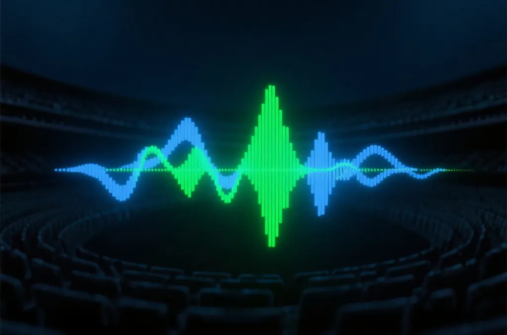 代表现场原声音效与沉浸式立体环绕声的抽象科技音波图